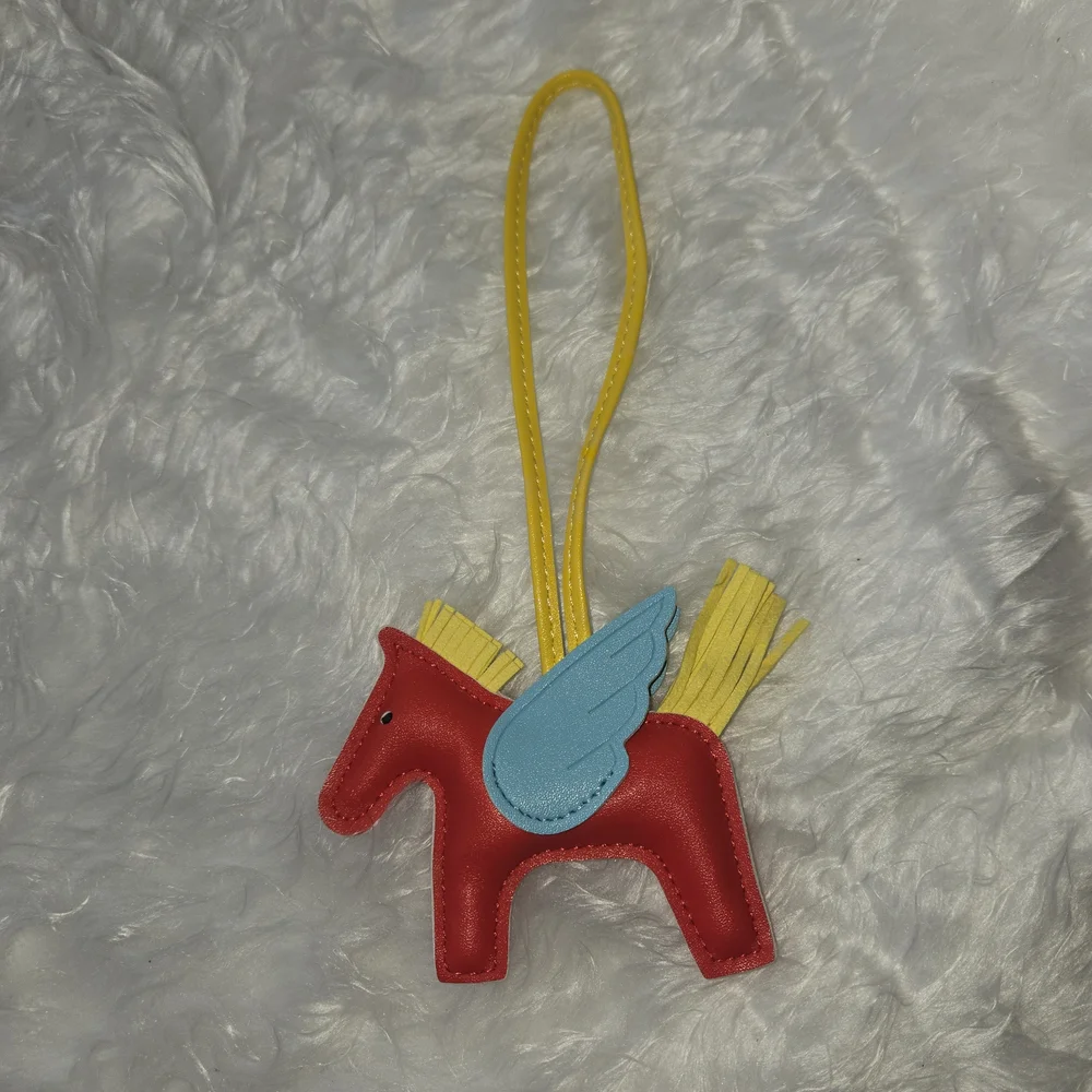 Red Pegasus Leather Bag Charm with Blue Wing and Yellow Strap